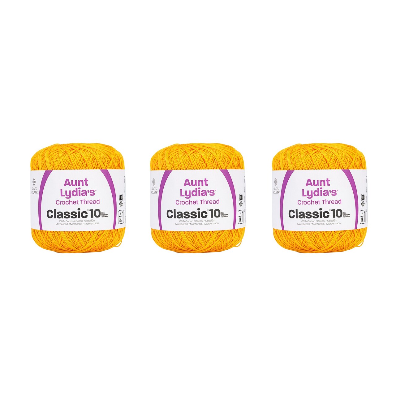 Aunt Lydia Classic Golden Rod Crochet - 3 Pack of 350y/320m - Cotton - Gauge 10 - Crochet